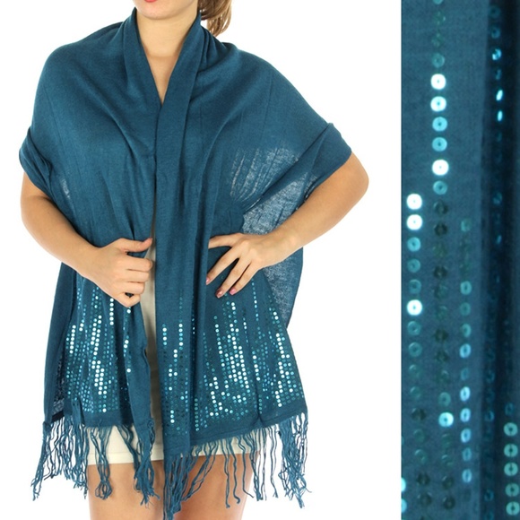 Accessories - Sequin Sweater Knit Evening Wrap Shawl Scarf Teal